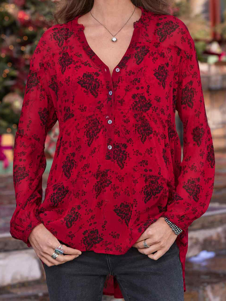 

Off Shoulder Casual Cotton Blends V Neck Shirts & Tops, Red, Long sleeve tops