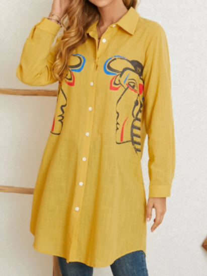 

Shirt Collar Shirts & Tops A long shirt skirt in an abstract face pattern, Yellow, Shirts & Blouses