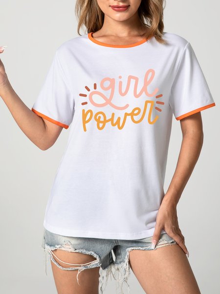 

Unocis Girl Power Printed Round Neck Short Sleeve Ringer Tee, Orange, T-shirts