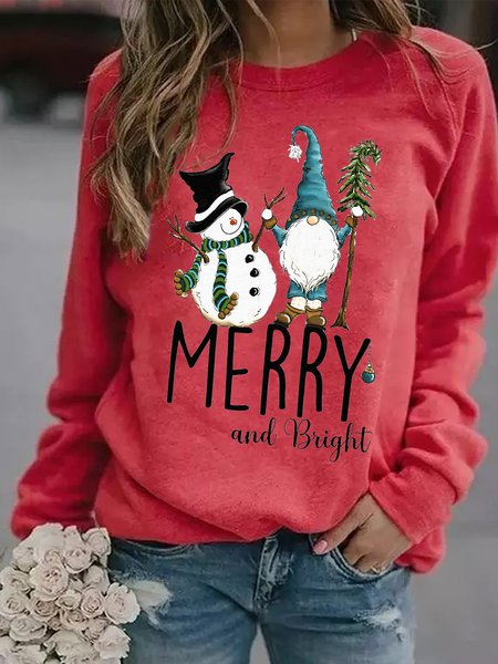 

Merry And Bright Xmas Christmas Gift Gnome Snowman Casual Sweatshirt, Red, Hoodies&Sweatshirts