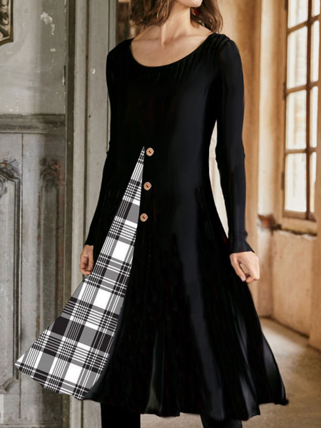 

Casual Checked/Plaid Regular Fit Long sleeve Dresses, Black, Midi Dresses