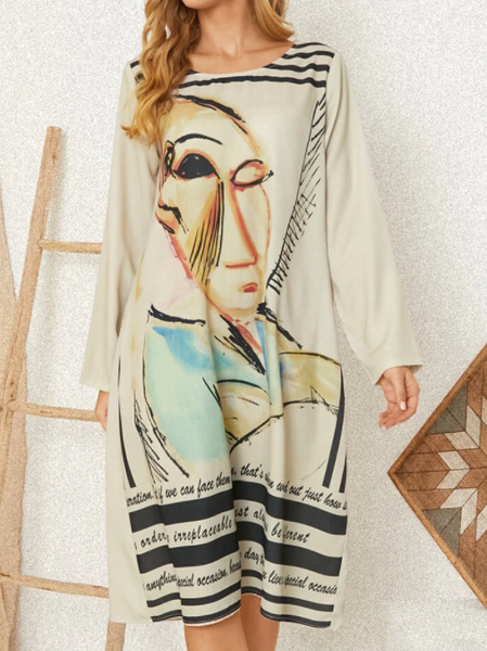 

Vintage Round Neck Dresses Abstract face striped large patterned dress, Apricot, Tie dye dress