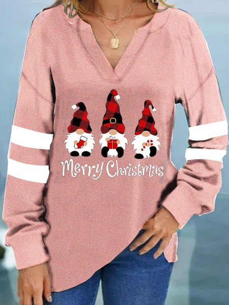 

Christmas Loosen V Neck Shirts & Tops, Pink, Long sleeves