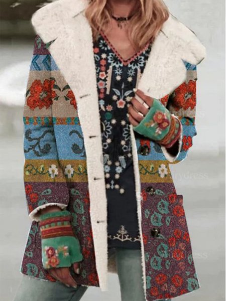 

Vintage Floral Fleece Buttoned Outerwear, Multicolor, Cardigans