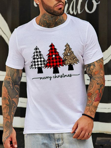 

Christmas tree print round neck short-sleeved cotton T-shirt, White, T-shirts