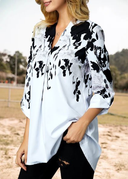 

Floral Printed Casual Loosen A-line V Neck Long Sleeve Shirts & Tops, White, Long sleeve tops