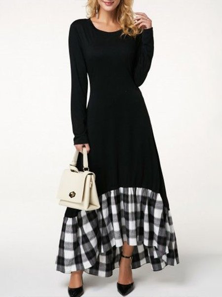 

Grid Crew Neck Casual Maxi Dress, Black, Maxi Dresses