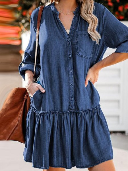 

Plain V Neck Simple Buttoned Dresses, Blue, Casual Dresses
