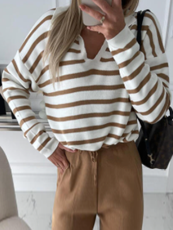 

Striped V Neck Off Shoulder Casual Shirts & Tops V-neck brown room white striped sweater top, Tops