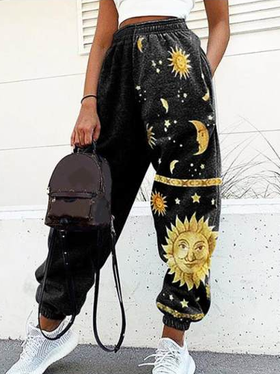 

Ladies Casual Retro Sun Print Loose Fitness Sweatpants Trousers, Black, Pants