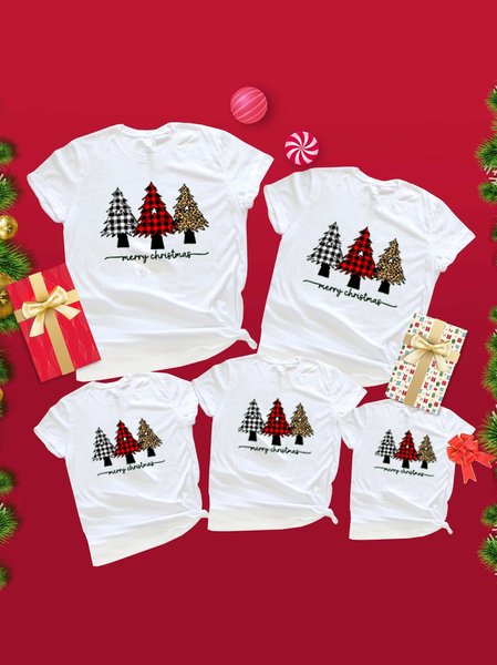 

Christmas Tree Print Short Sleeve Round Neck Cotton T-shirt, White, T-shirts