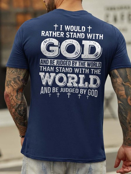 

I Would Rather Stand With God Back Print Casual Short Sleeve T-shirt, Deep blue, T-shirts