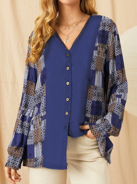 

Shirt Collar Loosen Shirts & Tops V-neck ethnic pattern stitched retro shirt, Blue, Shirts & Blouses