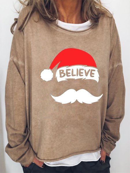 

Christmas Fun Print Crew Neck Sweatshirts, Light brown, Hoodies&Sweatshirts