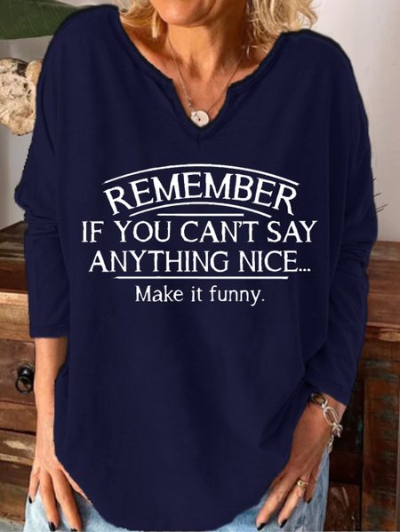 

Fun text print notched neck long sleeve shirt, Purplish blue, Long sleeves