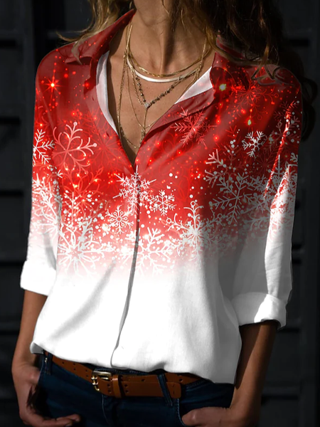 

Shirt Collar Christmas Snowman Casual Shirts & Tops, Red, Shirts & Blouses