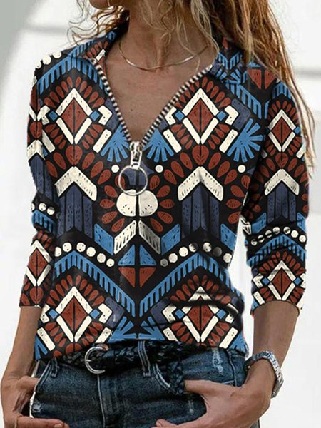 

Long sleeve V-neck Polo Lapel zipper geometric print Stretch Top T-shirt women, Blue, Long sleeve tops