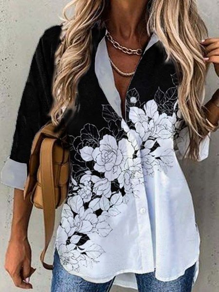 

Shirt Collar Cotton Blends Shirts & Tops, Black-white, Blouses & Shirts