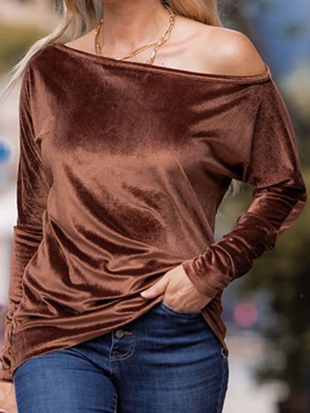 

Long sleeve asymmetric collar one shoulder Korean velvet fabric plain no pattern gorgeous top T-shirt women, Coffee, Long sleeve tops