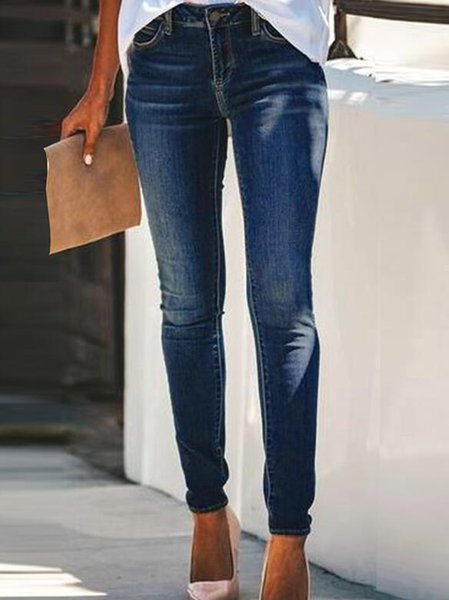 

Regular Fit Denim Casual High Waist Pants, Blue, Pants