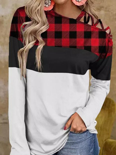 

Color Block Grid Printed Printed Off the Shoulder Casual Loosen Shirts & Tops, White, Long sleeve tops