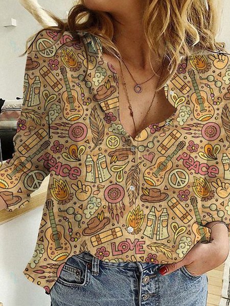

Long sleeve shirt material geometric plant guitar pattern printed blouse blouse, Yellow, Shirts & Blouses