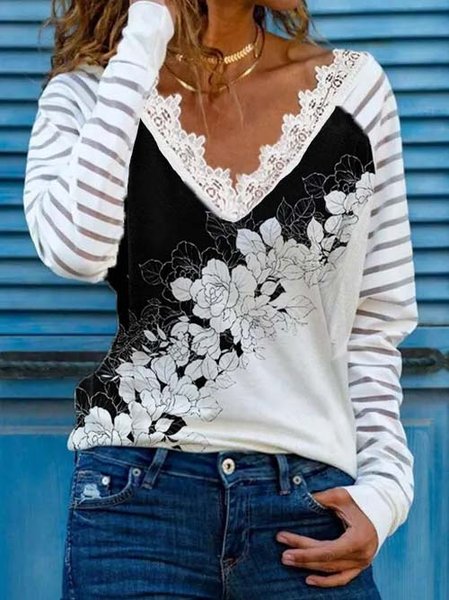 

Lace Raglan Sleeve Casual Cotton Blends Shirts & Tops, Black-white, Tops