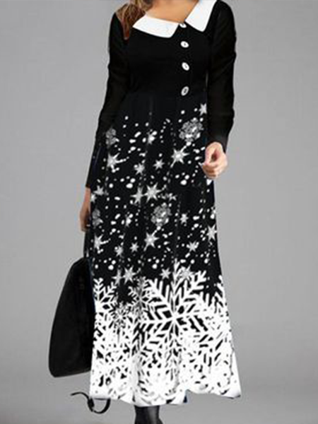 

Long sleeve Lapel gradient snowflake loose a hem Long Knit Stretch Dress, Black, Tie dye dress