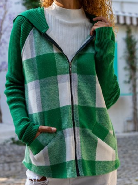 

Long sleeve hooded plain color patterned stitching geometric check loose price coat Plus Size, Green, Coats