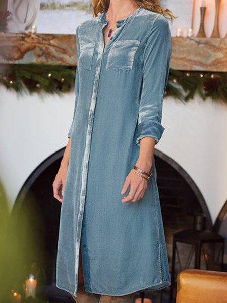 

Long sleeve V-neck stand collar Korean velvet fabric plain color no pattern gorgeous nail buckle elastic dress middle group women, Blue, Casual Dresses