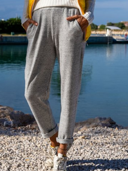 

Loose, plain, patterned basic pocket stretch waist sweatpants Capris, Gray, Pants