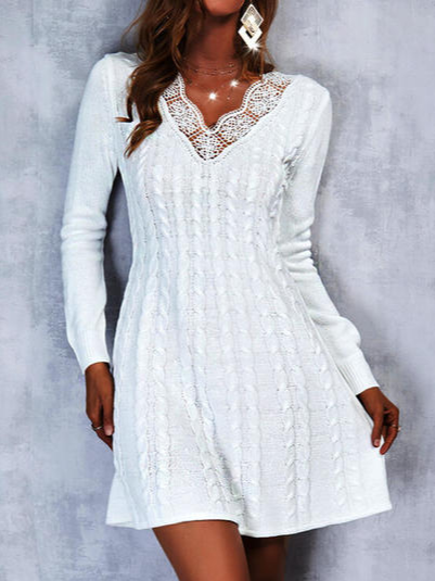 

Casual Lace V Neck Dresses, White, Casual Dresses