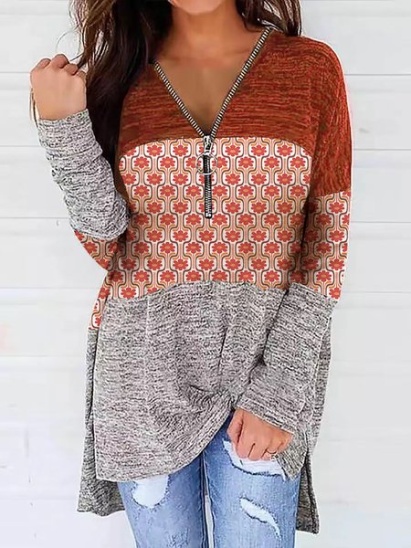 

Vintage Geometric Print V Neck Raglan Sleeve Tunic & Tops, Multicolor, Long sleeve tops