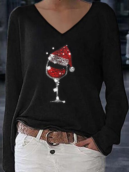

Christmas Printed Loosen Basics V Neck Off Shoulder Shirts & Tops, Black, Long sleeve tops