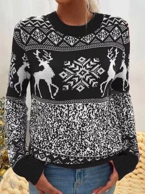 

Christmas Printed Sweet Crew Neck Long Sleeve Sweatshirt, Black-white, Sweatshirts & Hoodies