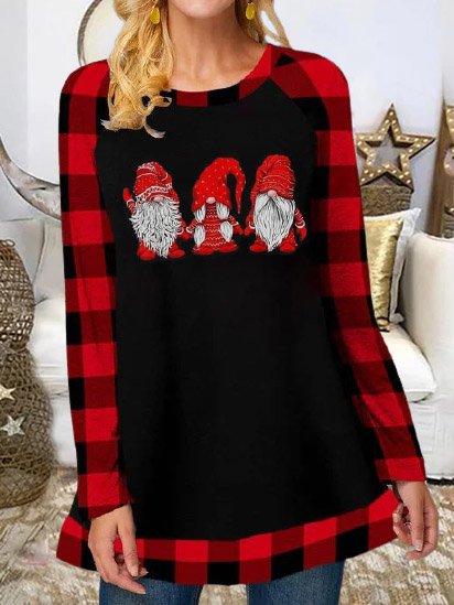 

Christmas Printed Patchwork Grid Loosen Raglan Sleeve Shirts & Tops, Black, Long sleeve tops