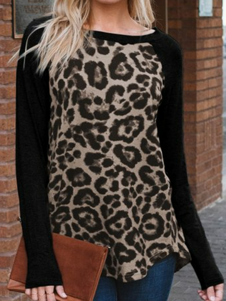 

Long sleeve round neck plain color stitching leopard print high elastic loose top T-shirt women, Black, Long sleeve tops