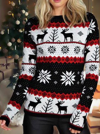 

Sweet Loosen Christmas Printed Long Sleeve Crew Neck Sweatshirt, Black-white, Sweatshirts & Hoodies