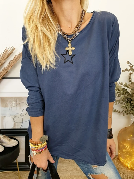 

Star Cotton Blends Casual Loosen Shirts & Tops, Purplish blue, Long sleeve tops