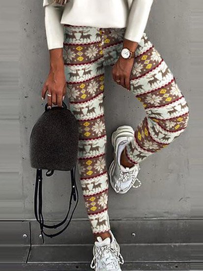 

Christmas Printed Elastic Waist Casual Slim Fit Pants, White, Leggings