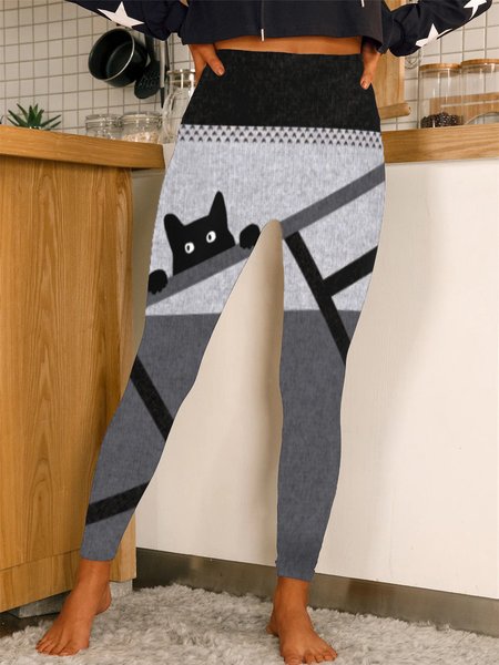

Color-block Cats Printed Plus Size Casual Pants, Multicolor, Leggings