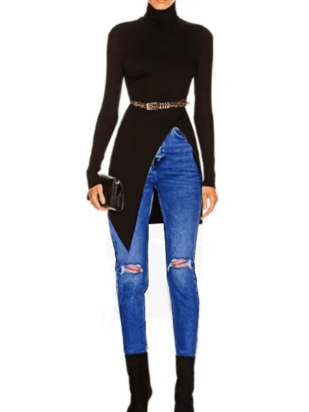 

Winter Long sleeve Cotton Work Formal Date Daily Asymmetric Tops, Black, Tops