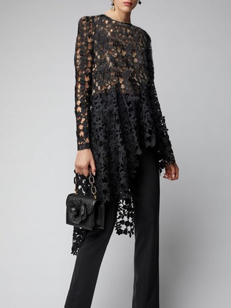 

Lady Long Sleeve Regular Fit Solid Top, Black, Blouses and Shirts