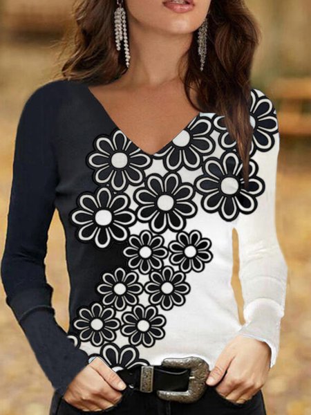 

Casual Long Sleeve V Neck Printed Top, Multicolor, Tops