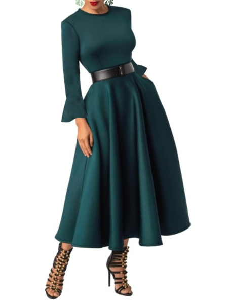 

Winter Loosen Crew Neck Work Formal Date Evening Dresses, Deep green, Midi Dresses