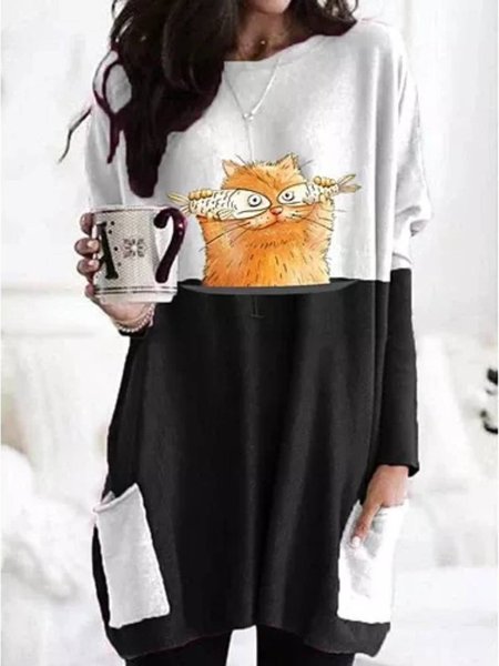 Crew Neck Animal Shirts & Tops, Black-white, Tops