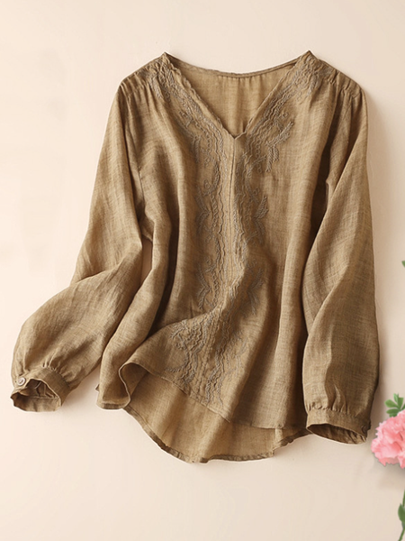 

Casual Household Daily Vintage V Neck Cotton Blends Shirts & Tops, Light coffee, Blouses & Shirts