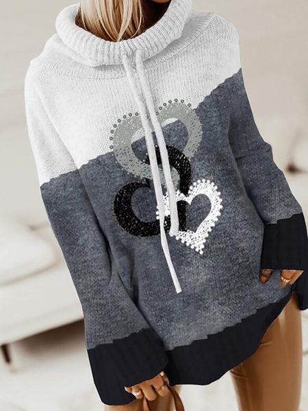 

Print Color Block Heart High Neck Long Sleeve Casual Sweater, Multicolor, Sweaters
