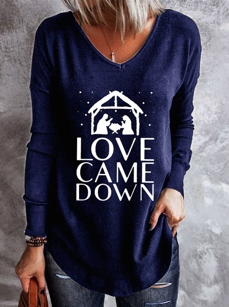 

Love Came Down Jesus Xmas Christ Gift V Neck Letter Sweatshirts, Dark blue, Hoodies&Sweatshirts