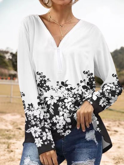 Floral Printed V Neck Zipper Long Sleeve Shirts & Tops, Black-white, Long sleeve tops